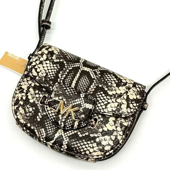 Michael Kors Small Reed Leather Saddle Crossbody Bag Snakeskin Nat/Light Cream